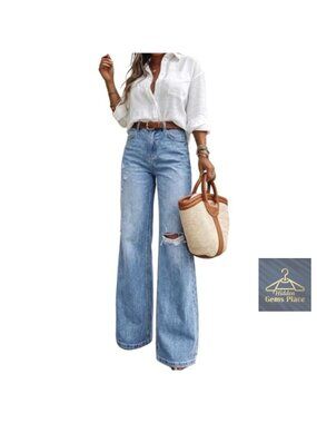Women's High Waisted Bell Bottom Flare Jeans with Ripped Details and Long Inseam